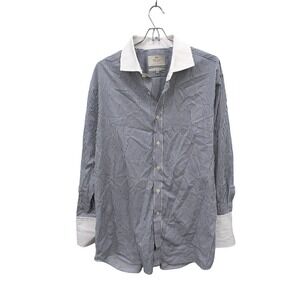 Hawes & Curtis Men's Blue White Striped Dress Classic Fit Banker's Shirt- 17.5